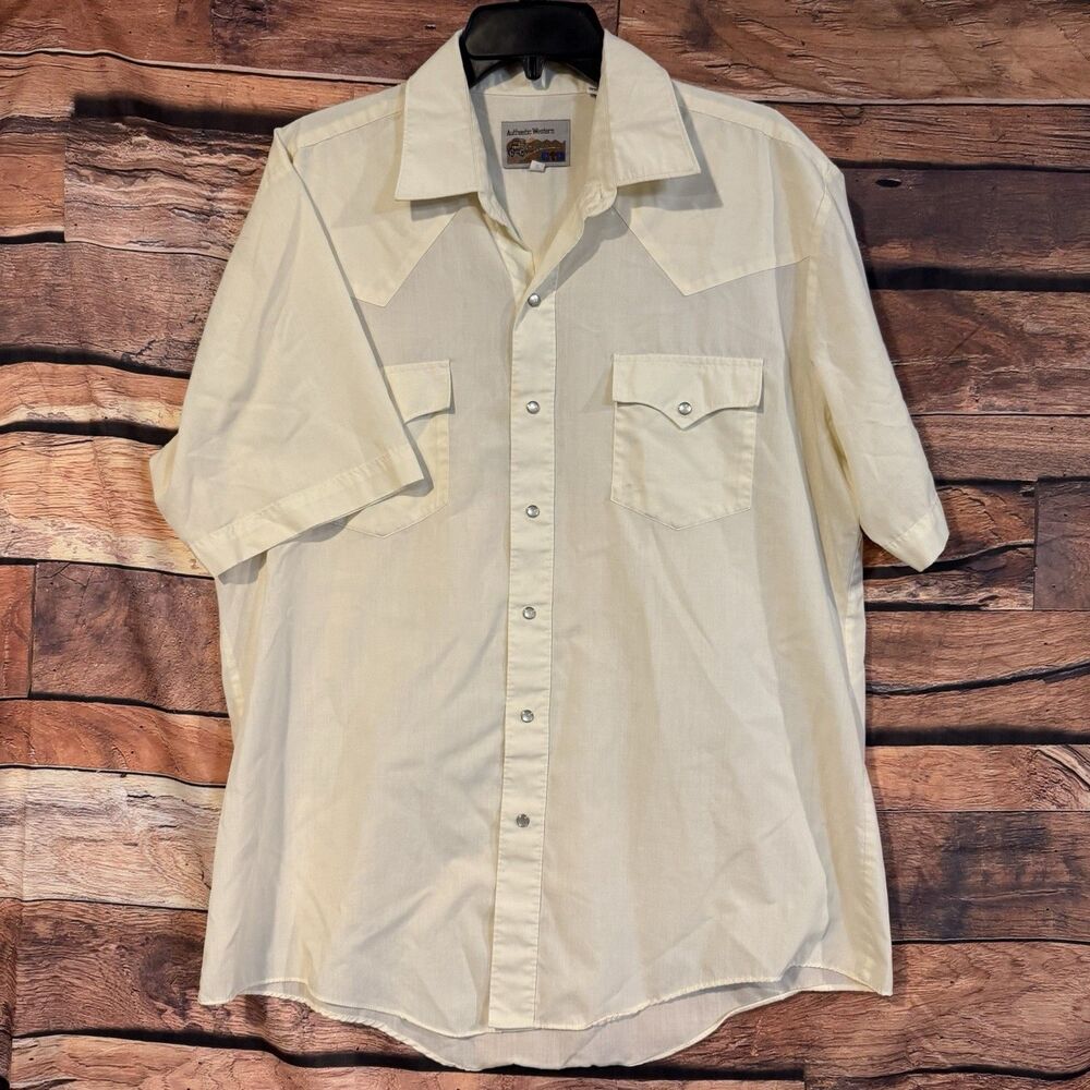 Vintage Authentic Western Shirt Mens 17 Yellow Cream Short Sleeve Pearl Snap